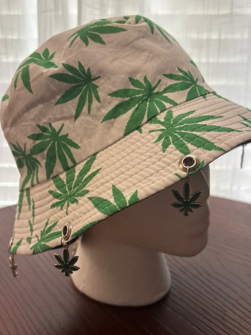 Beige Bucket Hat with Green Leaf Print - Fashion Women's Accessory